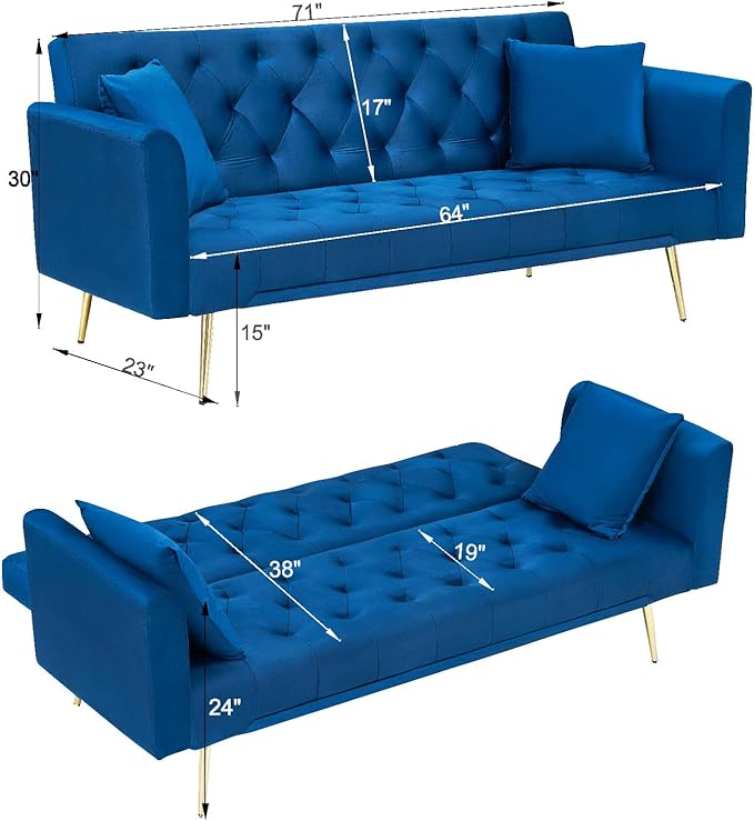 71 Velvet Futon Sofa Bed Convertible Sleeper Couch with 2 Pillows - Modern Loveseat Small Sofa 3-Angle Adjustable Backrest Golden Metal Legs for Living Room Bedroom Apartment Easy Assembly (Blue)