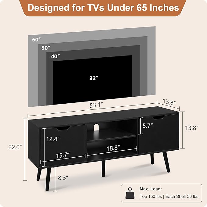ALINE FURNITURE Black TV Stand for 50 55 60+ inch TVs - Media Console with 2 Cabinets &amp Open Shelves Solid Wood Legs - TV Consoles for Living Room - 22 H Entertainment Center for Bedroom
