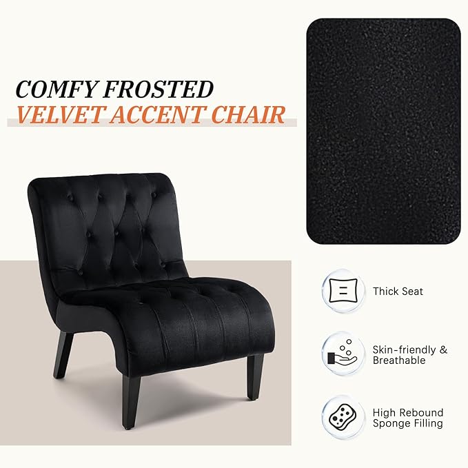 AVAWING Armless Accent Chair Set of 2 Upholstered Velvet Lounge Chair with Wood Legs Comfy Reading Chair for Living Room &amp Bedroom Black