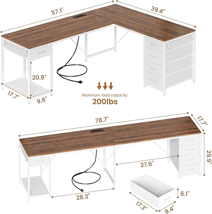 57 L Shaped Desk with 5 Drawers Reversible Computer Corner Desk with Storage &amp Power Strip for Home Office 78.7 Long 2 Person Desk Brown+White