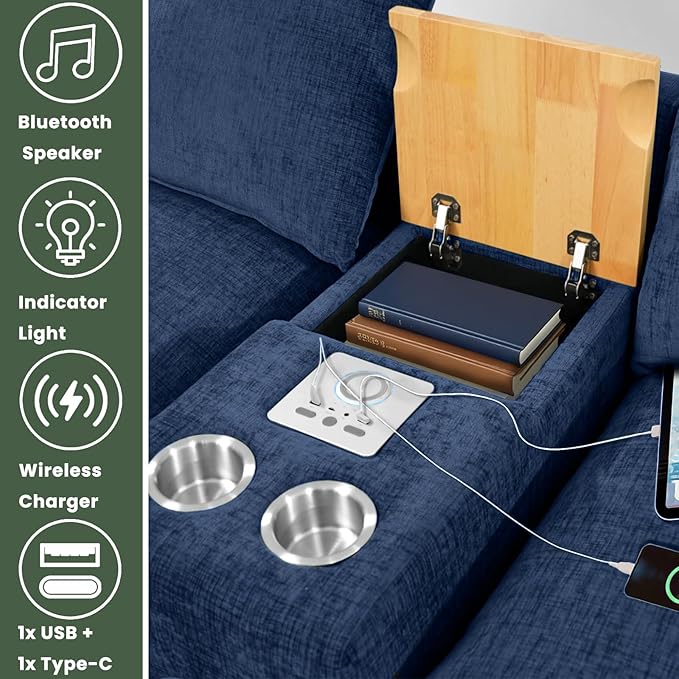 Brelice Modular Sofa Console with Wireless Charging &amp Bluetooth Speaker - All-in-One Armrest Organizer with Wired Charging Storage Tray Volume Control for Sectional Couch Living Room