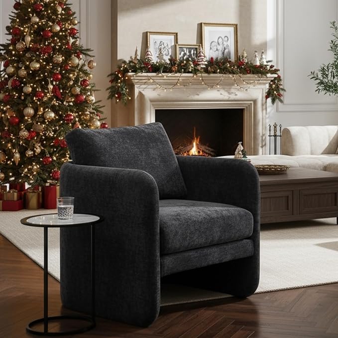 Modern Barrel Accent Chair Mid-Century Beige Chenille Fabric Armchair for Living Room Comfy Upholstered Reading Accent Chairs Single Sofa Chair for Bedroom Waiting Room Office1 PCS Black