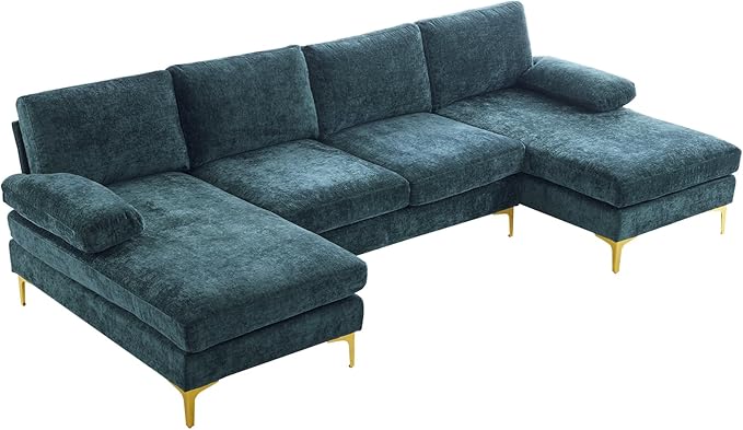 VINGLI 110 Large U-shape Sectional Sofa Couch with 51D Double Chaise for Living Room Modern Sectional Couch Set with Soft 5.9 Thickness Seating Padding Chenille Fabric Metal Gold Legs(Rich Cyan)