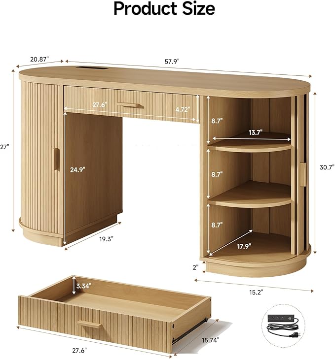 ONBRILL 58 Inch Fluted Executive Desk with Drawers Large Computer Desks with Storage Mid Century Modern Office Desk with Charging Station for Home Office Living Room Bedroom (Oak)