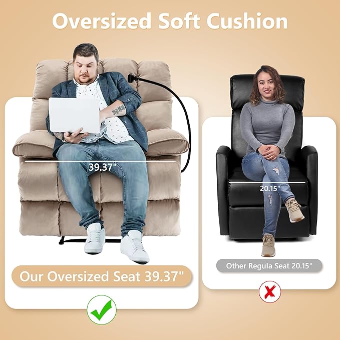 Oversized Recliner Chairs for Adults 400LBS Extra Wide Recliner with Overstuffed Armrest and Backrest Velvet Big and Tall Recliners for Living Room Beige