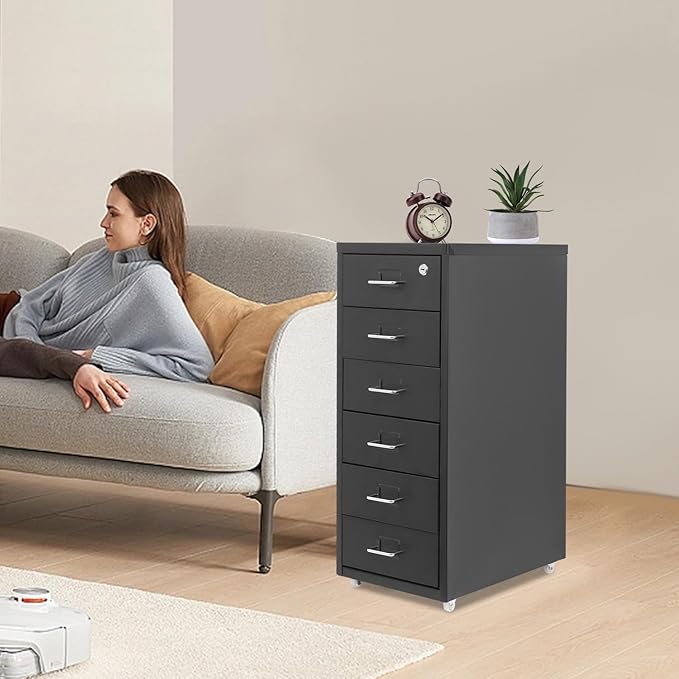 6 Drawer Filing Cabinets with Lock Metal Vertical File Storage CabinetMoblie Office File Cabinet with WheelsRolling Metal Filing Storage CabinetsLocking File Cabinet for for Home Office (Black)