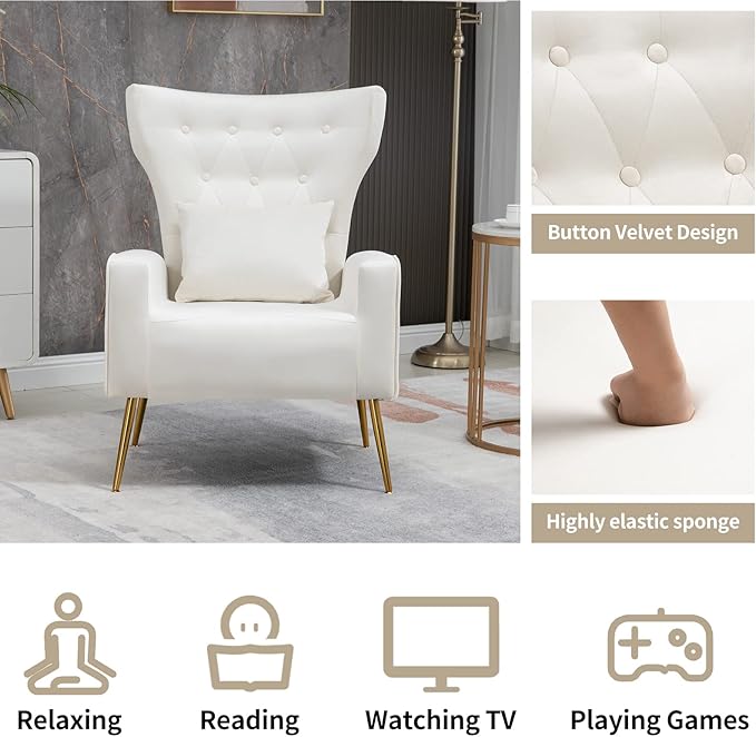 Button-Tufted Living Room Chairs Set of 2 WingBack Velvet Accent Chair Armchair with Lumbar Pillow Bedroom Chairs Vanity Chair Arm Chair with Golden Legs Cream