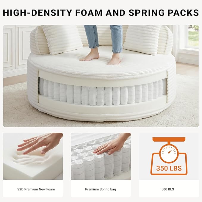 54-inch Oversized Round Chaise Longue Chair Indoor Modern Upholstered Corduroy Deep Seat Circle Cloud Chair Single Boneless Reading Chair for Living Room Bedroom Apartment Yellow