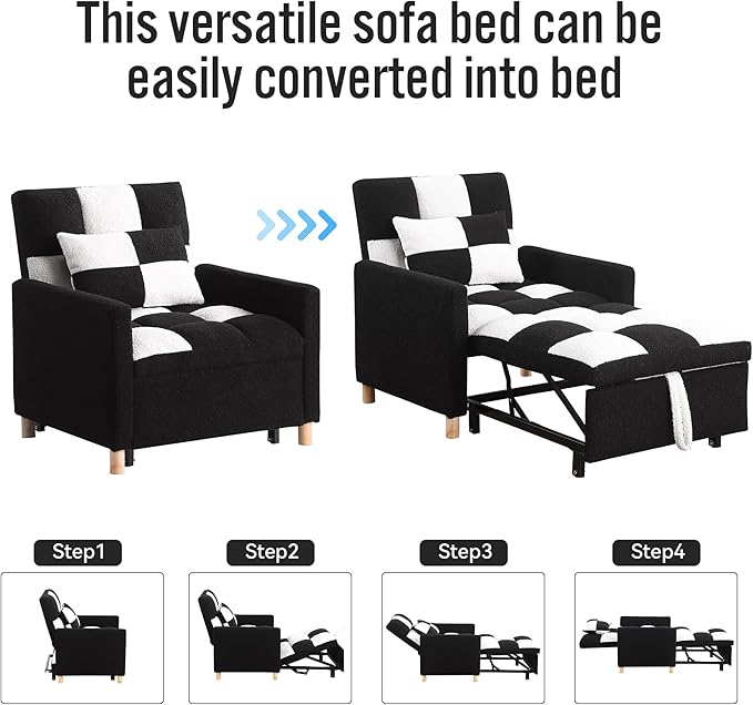 Sleeper Sofa Bed 3-in-1 Convertible Chair Bed Multi-Functional Sleeper Chair Soft Teddy Fabric for Living Room Apartment Office