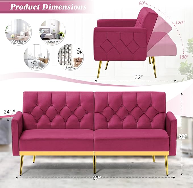 Velvet Sofa Bed w/Adjustable Armrests and Backrests Modern Convertible Sleeper Sofa Tufted Futon Sofa for Bedroom Living Room Apartment Fuchsia