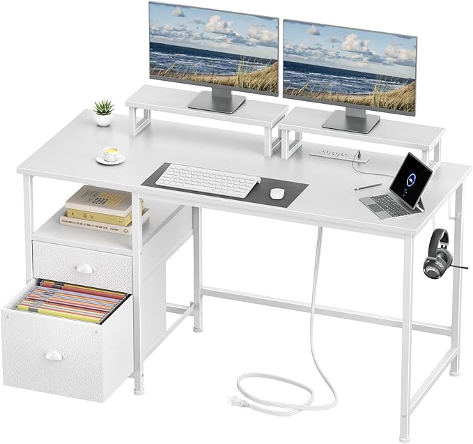 Furologee 47 Inch Computer Desk with Power Outlet Home Office Desk with Monitor Stand File Drawers Cabinet CPU Stand &amp Hooks Writing Table for Bedroom Study Work White