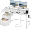 Furologee 47 Inch Computer Desk with Power Outlet Home Office Desk with Monitor Stand File Drawers Cabinet CPU Stand &amp Hooks Writing Table for Bedroom Study Work White