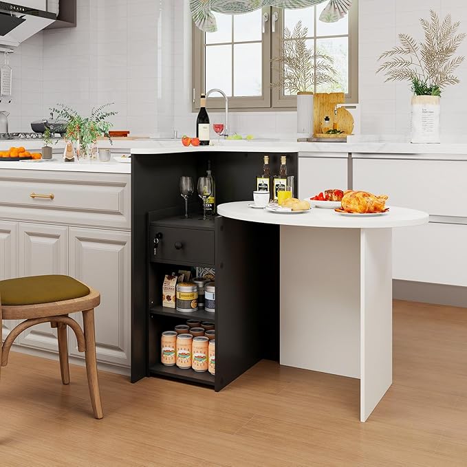 Reception Desk Small Retail Checkout Counter with Lockable Drawer and Open Shelves Wooden Front Desk Reception Counter Oval Desktop &amp L Counter for Store Office Lobby Salon (White &amp Black)