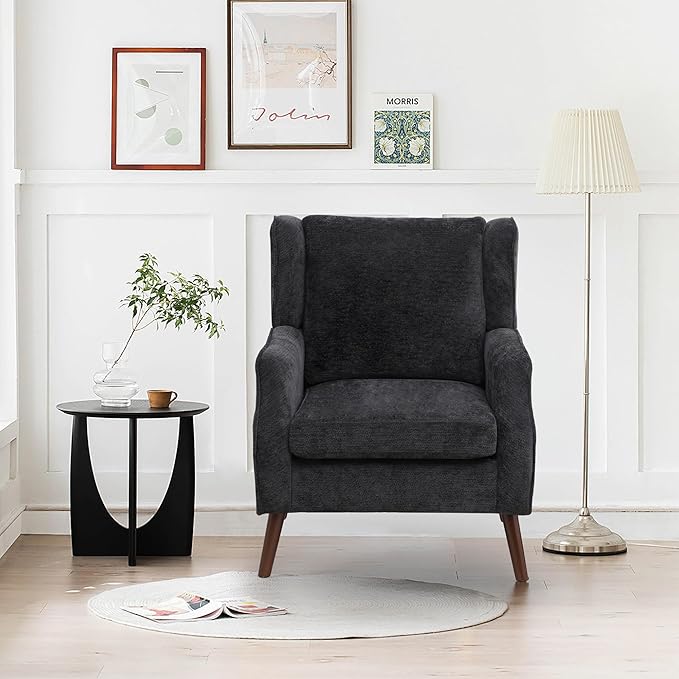 Accent Chair for Living RoomMid Century Modern Wingback Chair for BedroomUpholstered Armchair with Lounge Seat and Wood Legs for Office Apartment Small Room 2PCS Black