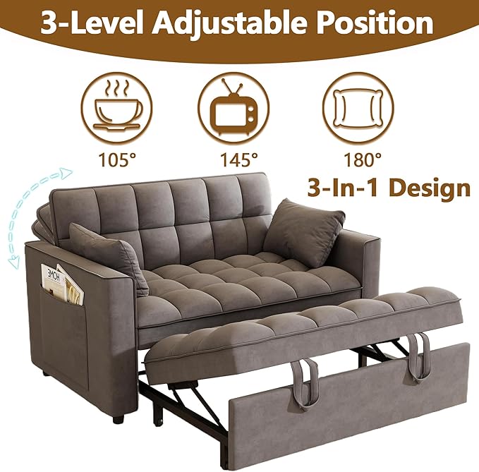 3 in 1 Convertible Sleeper Sofa Bed 52'' Velvet Pull Out Couch Bed with Comfy Pillows &amp Adjustable Backrest/Side PocketsFuton Loveseat Sleeper Sofa for Small Spaces Living Room Bedroom (Dark Gre
