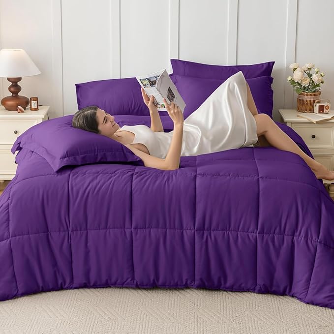 JOLLYVOGUE Full Comforter Set Ultra-Soft Bed in a Bag Full Size 7 Pieces Oeko-TEX Certified Bedding Set with Down Alternative Comforter Sheets Pillowcases &amp Shams Purple