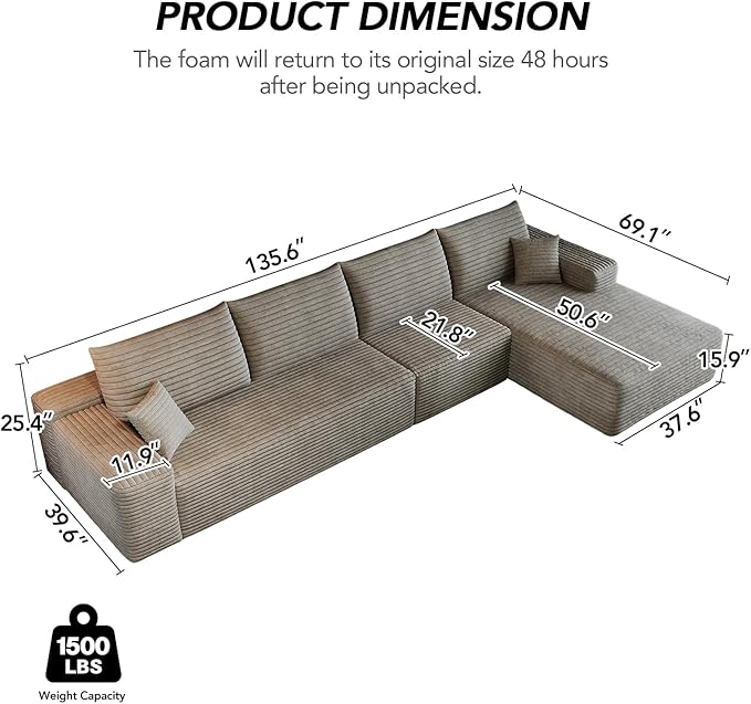 135.6 Boneless Sectional Couch Modern Modular L - Shape Corduroy Upholstered Sofa for Living Room - Deep Seat with Chaise (Grey 3 Seater+Right Facing Chaise)