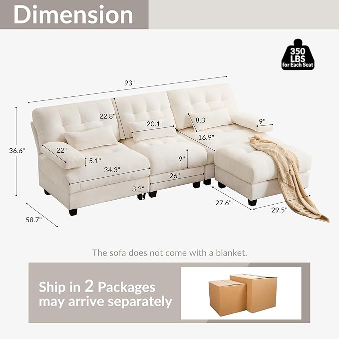 93 3+1 Seater Sofa with Ottoman - 4-Position Adjustable Backrest 350lb/Seat Soft Chenille Fabric 3 Throw Pillows Easy Assembly (Beige)