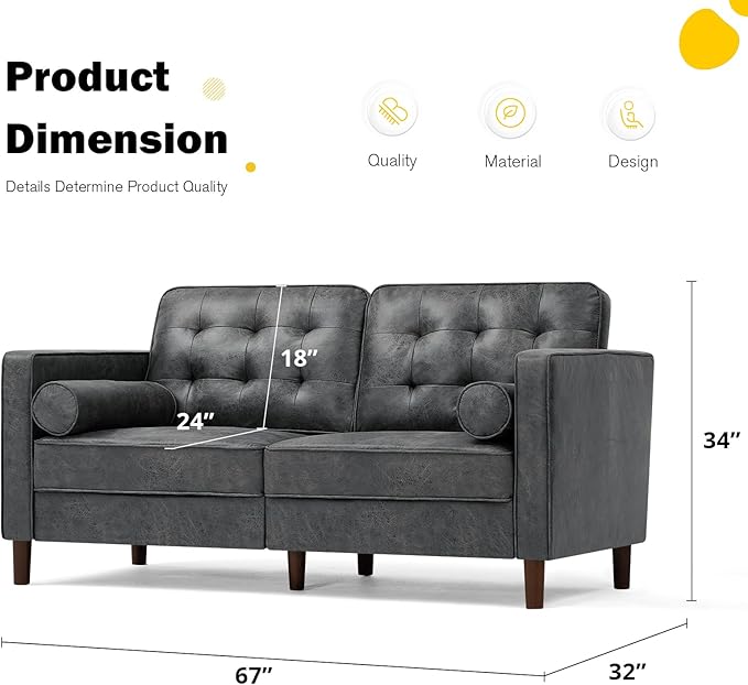 67 Suede Leather 2 Seater Sofa with Two Bolster Pillows Tufted Sofa with Wooden Legs Mordern Couch for Living Room Office Apartment Grey