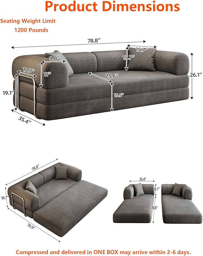 Convertible Sleeper Sofa Bed with Cylindrical Pillow 79 Inch Oversized Corduroy Upholstered Boneless CouchLove Seat Floor Sofas Living RoomSmall Space ApartmentOffice (Grey)