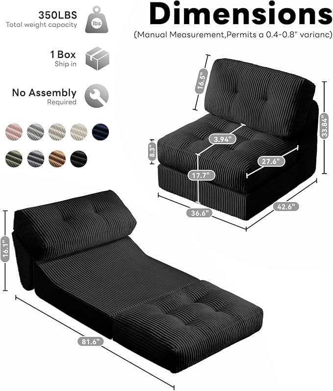 Tbfit 35.8'' Folding Sofa Bed Convertible Sleeper Chair with Large Pillow Corduroy Folding Couch Bed Portable &amp Foldable Mattress Boneless Floor Sofa Set of 2 Black