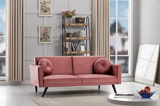 72 Retro Velvet Sofa Bed - Vintage Modern Convertible Futon w/Reclining Backrest - Velvet Upholstery on Solid Wood Frame (72 L x 34.6 W x 30.23 H) Rose