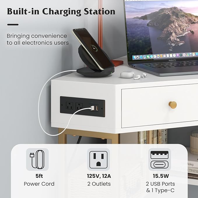 Corner Desk with Charging Station 90° Triangle Desk w/ 2 Drawers Storage Shelves Corner Vanity Table for Bedroom Compact Computer Desk for Small Space