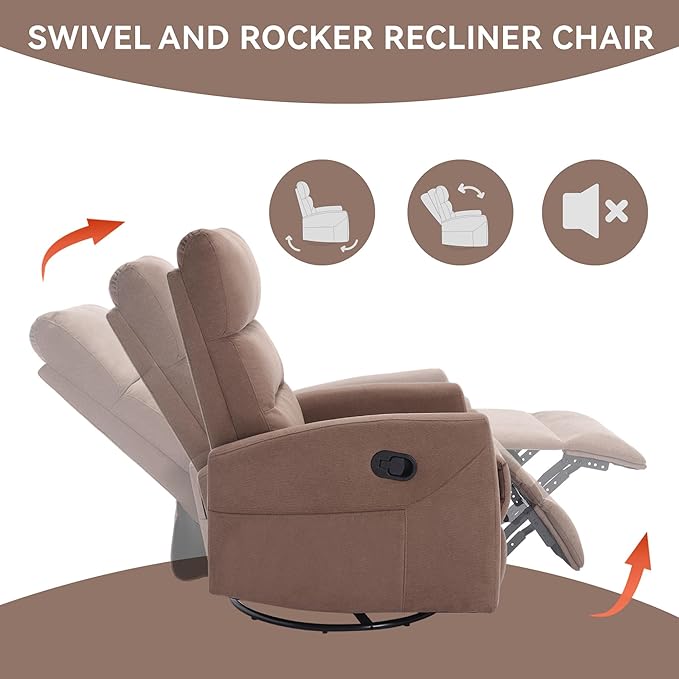 Slim Swivel Rocking Chair Recliner with PocketsLazy Boy Recliners for for AdultsSmall Recliner Chair for Small Spaces Manual Reclining Chairs for Living Room Bedroom Adjustable Backrest (Brown)