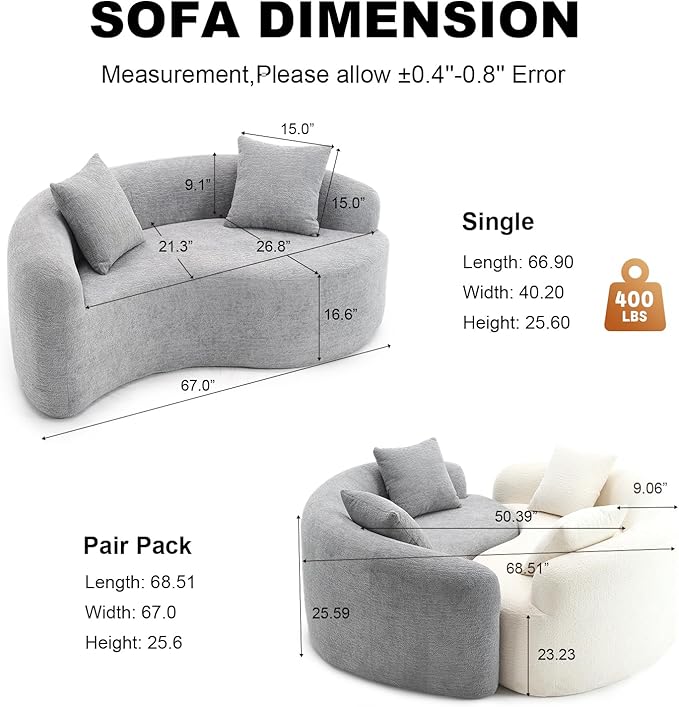 Tai Chi Symbol Loveseat Sofa Curved Yin-Yang Design Dual-Depth Meditation Couch 66.9 Chenille Modular for Small Spaces 300 lbs Capacity (Light Grey)