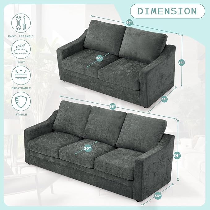 2 Pieces Chenille Sofa Set w/Soft Back Cushion &amp Curved Armrest Modern 2 Seat &amp 3 Seats Couch Set w/Deep Seat Space Upholstered Love Seat &amp Sofa w/High Density Foam for Living Room Grey