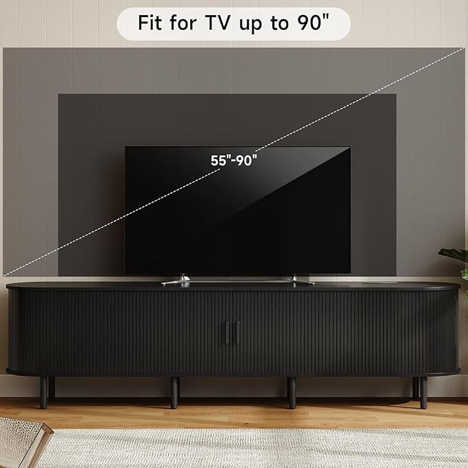 ONBRILL 86.6 TV Stand with Power Outlet for TVs up to 90 Inch Entertainment Center with Storage and Adjustable Shelves Modern Media Console with Sliding Doors for Living Room Black