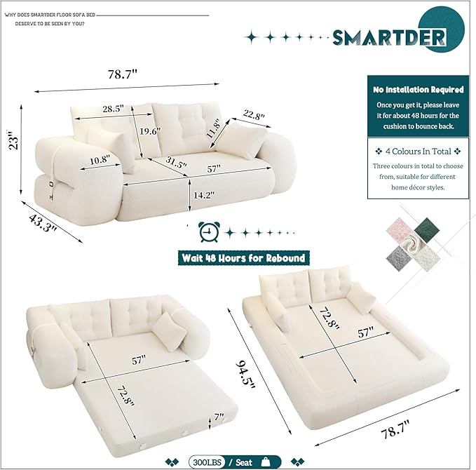 Convertible Sofa Bed with Folding Mattress Oversized Human Dog Bed 3-in-1 Sleeper Couch with Pillows and Thick Armrests 78.7 King Size Floor Sofa for Living Room Bedroom Guest Room White Teddy