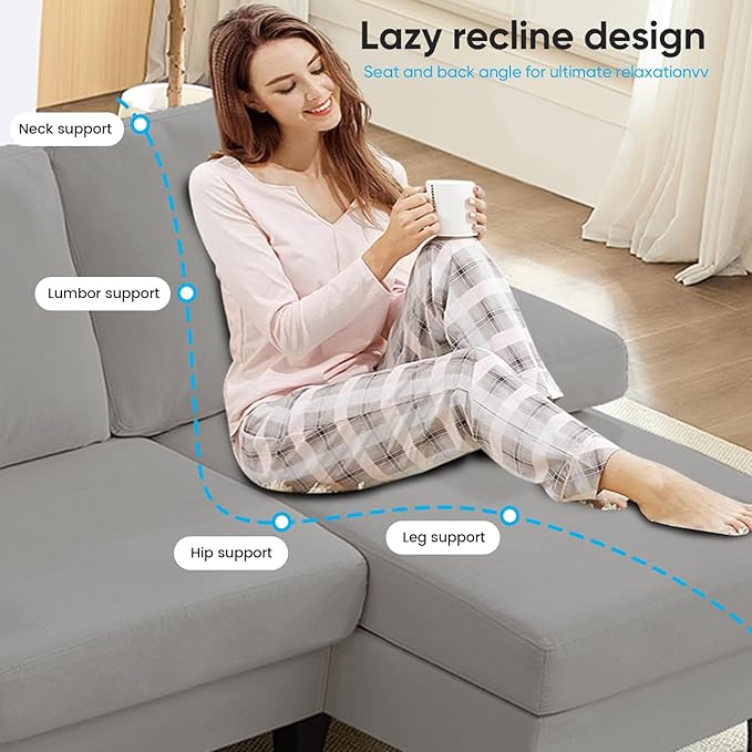 Mjkone 110 Width Sectional Couches with Chaises for Living Room U Shaped Cloud Sofa Couch with Ice Velvet Fabric Minimalist 4 Seater Sofa Set Living Room Sets Furniture for Home Office Light Grey