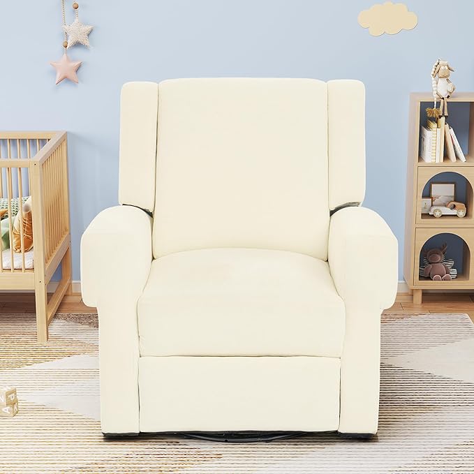 Christopher Knight Home Hayezi 360° Swivel Rocker Recliner Sofa with Dual Reclining Positions Living Room Lounge Chair Chenille Fabric Recliner for Living Room Bedroom &amp Nursery White