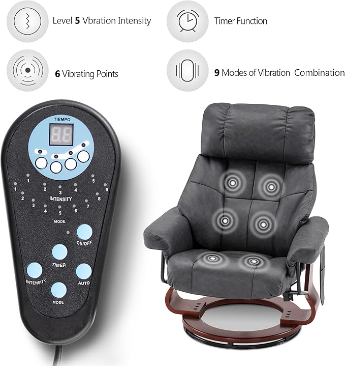 MCombo Manual Swivel Recliner with Ottoman Reclining Chair with Vibration Massage for Small Spaces Living Room Office Faux Leather 9068 (Dark Grey)
