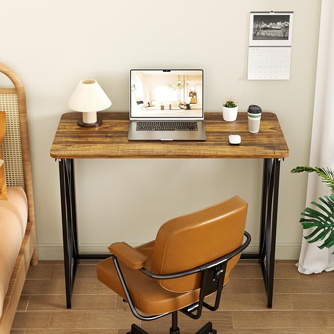 Folding Table 31.5 Small Desk for Bedroom Space Saving Foldable Computer Desk for Home Office Easy Assembly Brown Kaka