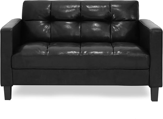 Furinno Brive Contemporary Tufted Faux Leather Loveseat/Sofa Couch for Living Room Black Faux Leather
