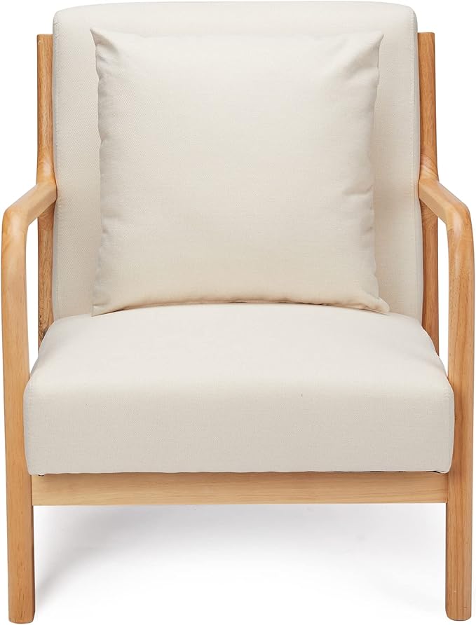 JOMEED Oak Wood Frame Mid Century Modern Accent Leisure Chair for Modern and Retro Decor Style Living Room with Soft Linen Upholstery Beige