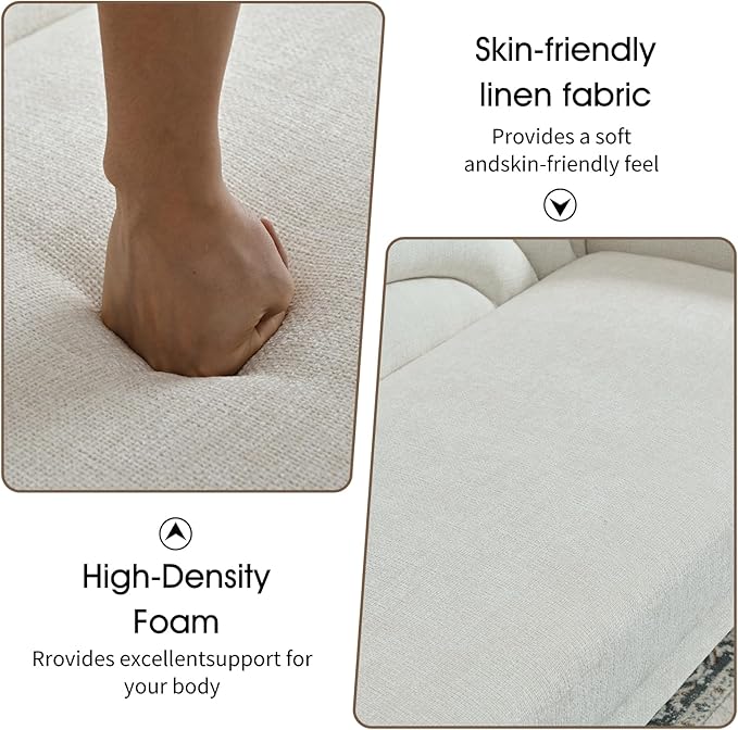 YUHUASHI Stylish Rainbow Sofa 3-Seater Sofa Sturdy Solid Wood Legs for Studio Bedroom Home Office 64-Inch Wide Linen Fabric (64 Three-Person Sofa Cream)