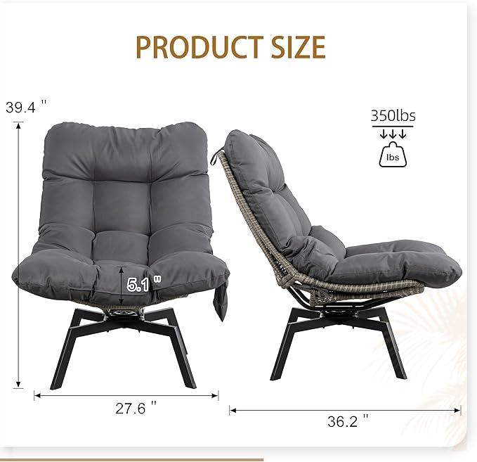 JAMFLY Accent Chair Modern Wicker Swivel Living Room Chairs with Oversized Seat &amp Cushion Grey