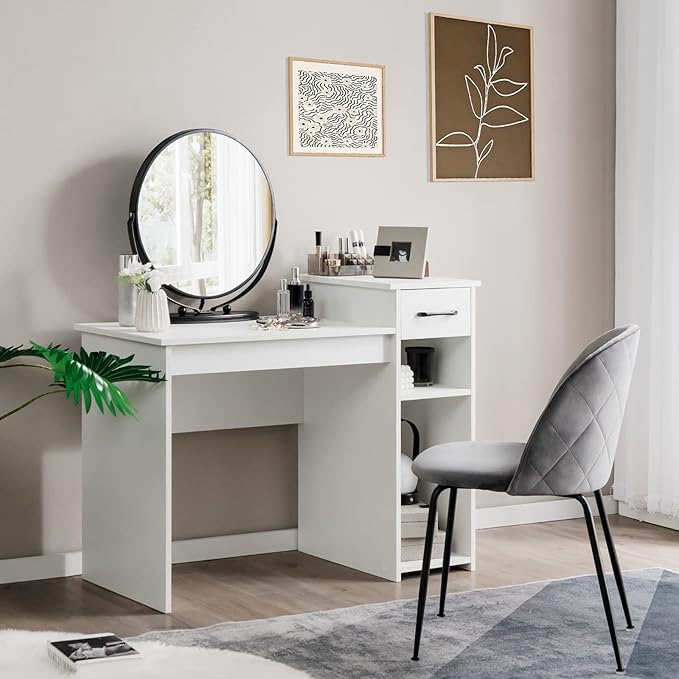 Giantex White Computer Desk 40 Study Writing Desk with Drawers and Printer Shelves Modern PC Laptop Workstation for Small Space Home Office
