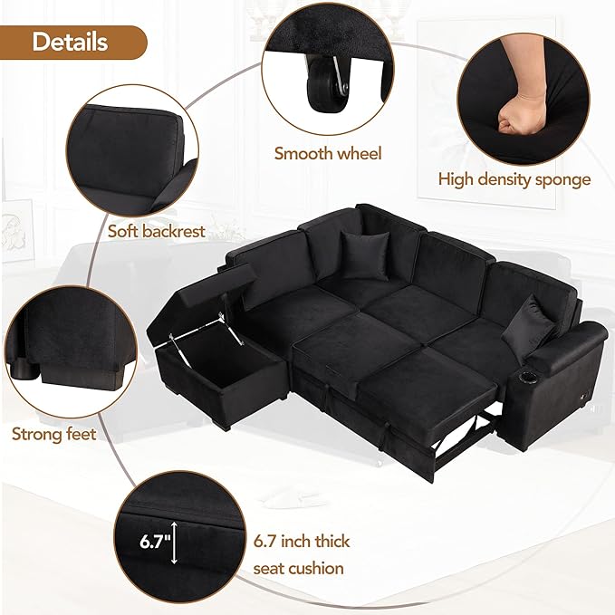 Linen L-shape Reversible Sleeper Sectional Sofa Couch with Storage Ottoman 2 in 1 Pull Out Convertible Sofa Bed with Cup Holders and USB Charging Port for Living Room Apartment Office (Black-LI)