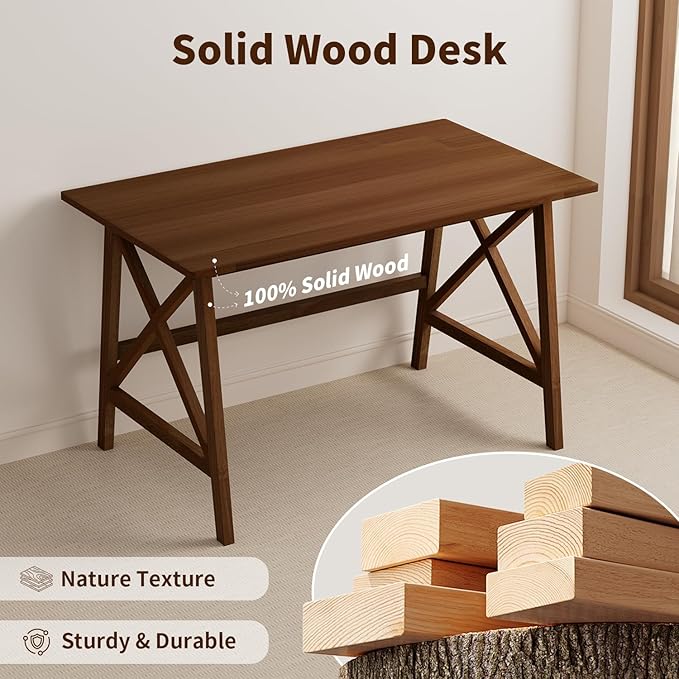 Modern Solid Wood Desk - 42 Simple Computer Table for Home Office Study Writing Workstation in Walnut 42 W x 24 D