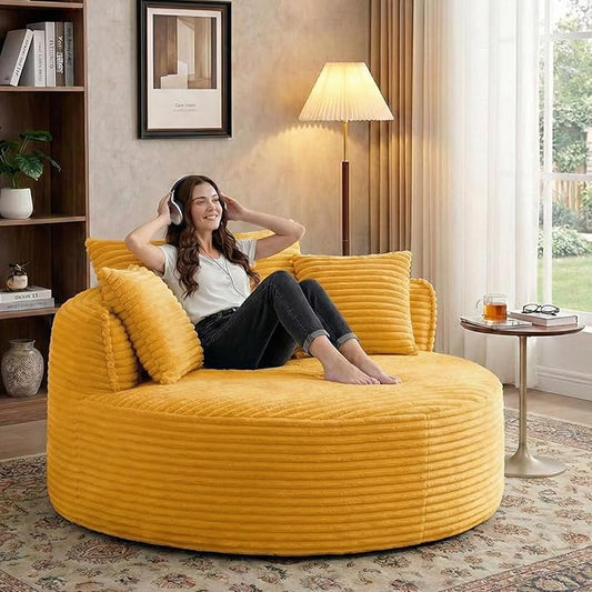 54-inch Oversized Round Chaise Longue Chair Indoor Modern Upholstered Corduroy Deep Seat Circle Cloud Chair Single Boneless Reading Chair for Living Room Bedroom Apartment Yellow