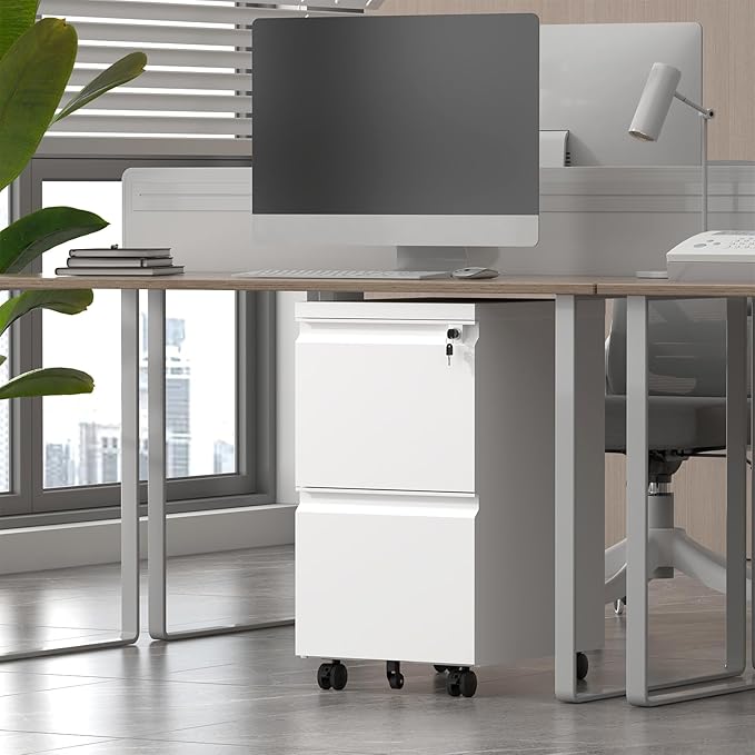 2 Drawer File Cabinet with Lock Metal Mobile Filing Cabinet on Wheels Compact Desk Side Storage Cabinet for Home Office Letter/Legal/A4 File Organizer with Anti-Tip Wheel (White)