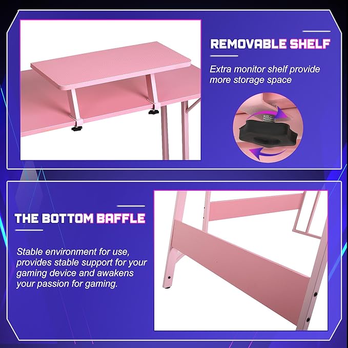 NChanmar L Shaped Gaming Desk with Monitor Riser Stand Home Office Corner Desk for Studying Working and Gaming Large Desktop Pink