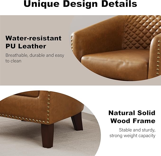 Accent Barrel Chair Upholstered Faux Leather Club Chair with Nailed Trim Comfy Reading Armchair for Living Room Bedroom Reception Room Office (Coffee Set of 4)