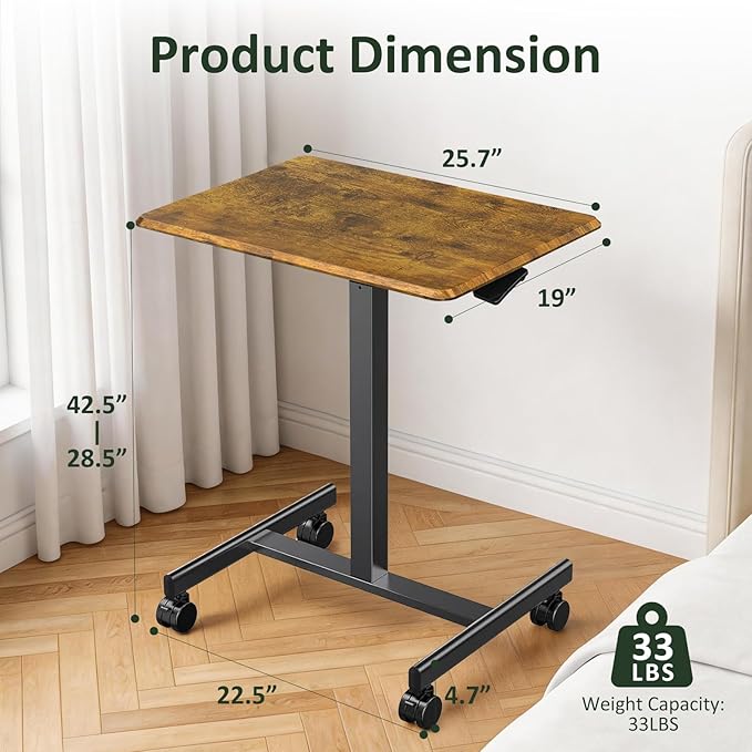 Adjustable Height Mobile Standing Desk with Lockable Casters Rolling Sit Stand Laptop Computer Desk Portable Compact Workstation for Home Office Dorm Brown