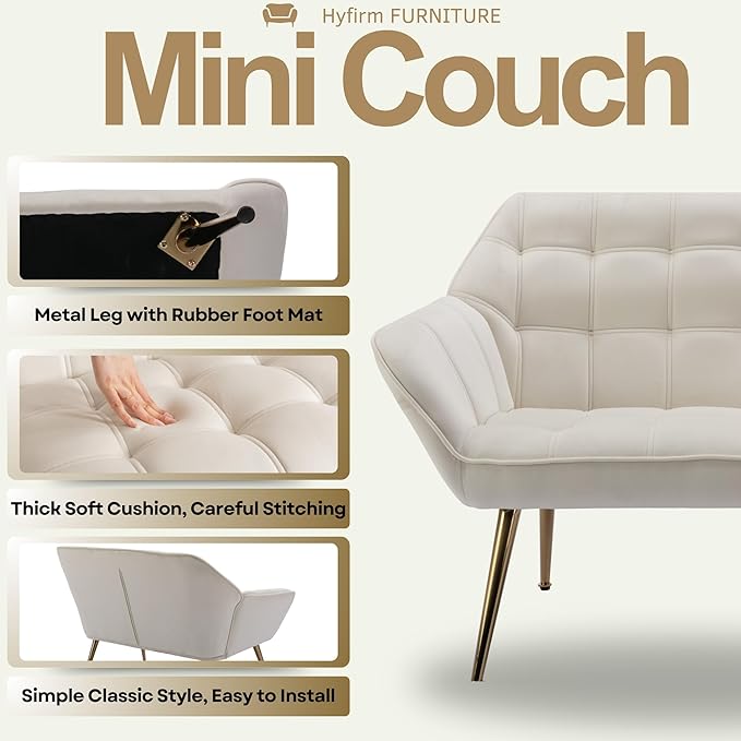 Small Loveseat Sofa 48 inch Velvet Love Seat for Living Room Comfy Mini Couch with Gold Legs for Small Spaces Bedroom Apartment Office Cream