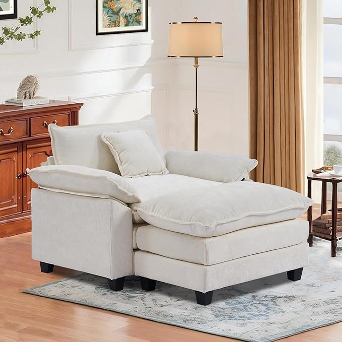 SweetGO corporation 45 Chenille Lounge Chair for Reading Modern Couch Cozy Sofa Bed Upholstered Living Room Single Sofa Accent Chair with Ottoman Beige